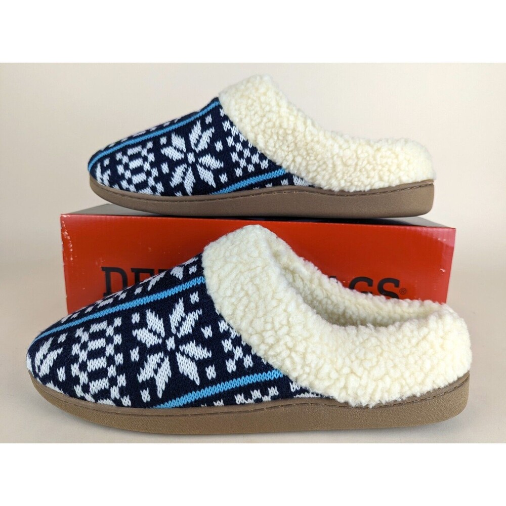 DEER STAGS Lodge Patterned Clog Slipper Mens Medium 9-10 Blue Faux Fur Shoes NWB